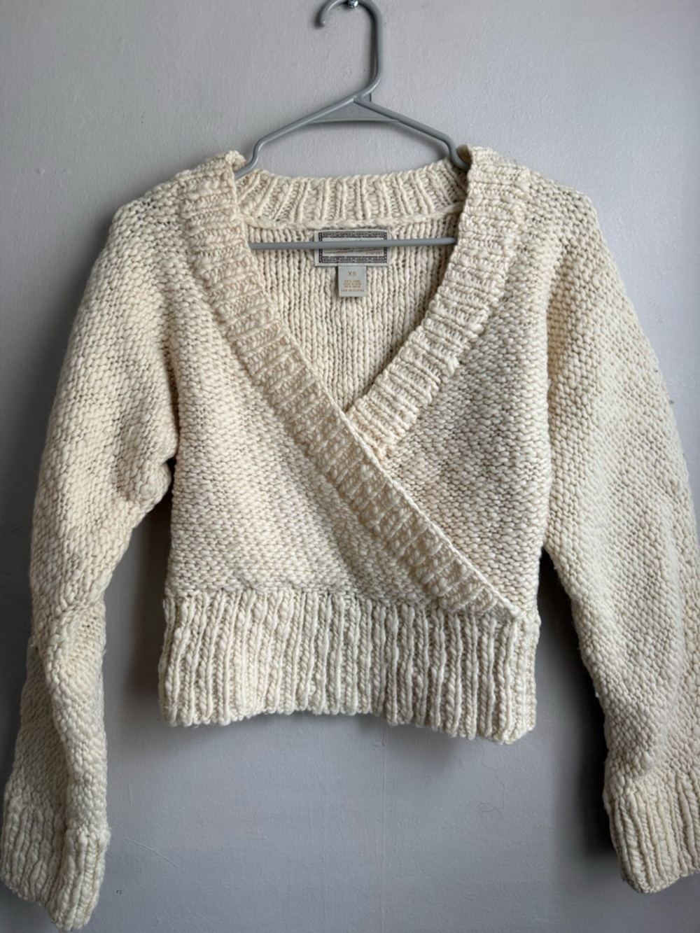 Mira Flores Wool Wrap Sweater XS Boho Chunky Knit Peru Ivory/Oatmeal color
